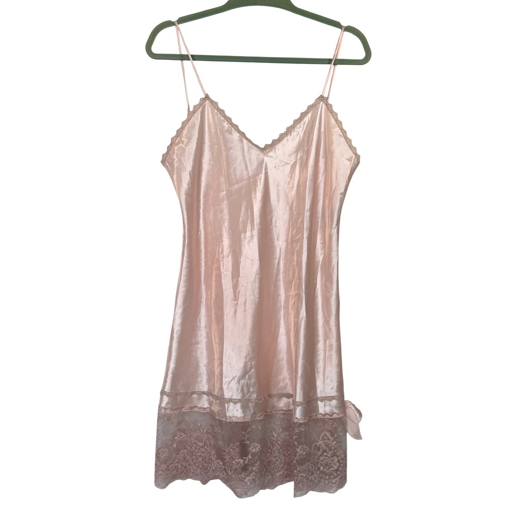 Vtg Lady Cameo Pink Satin Lingere Slip Dress Lace Trim Mini Bow Flirty  Sz Large